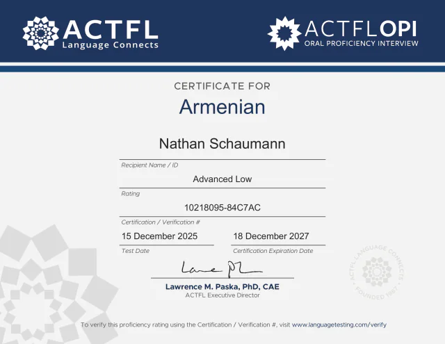 ACTFL speaking certificate for Armenian, rated Advanced Low