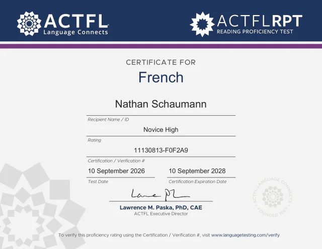 ACTFL reading certificate for French, rated Novice High
