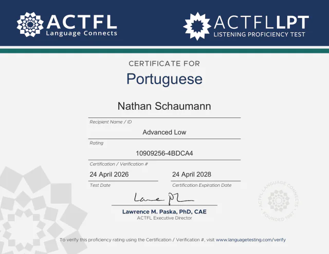 ACTFL listening certificate for Portuguese, rated Advanced Low