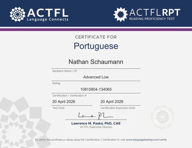 ACTFL reading certificate for Portuguese, rated Advanced Low