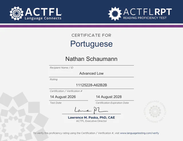 ACTFL reading certificate for Portuguese, rated Advanced Low