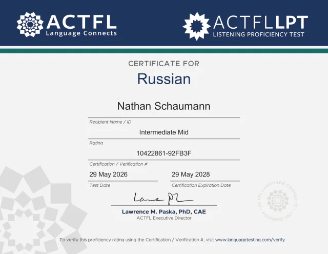 ACTFL listening certificate for Russian, rated Intermediate Mid