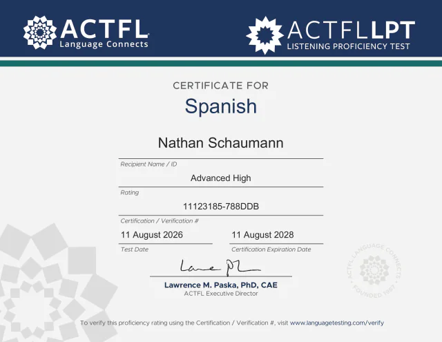 ACTFL listening certificate for Spanish, rated Advanced High