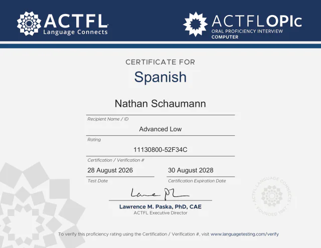 ACTFL speaking certificate for Spanish, rated Advanced Low